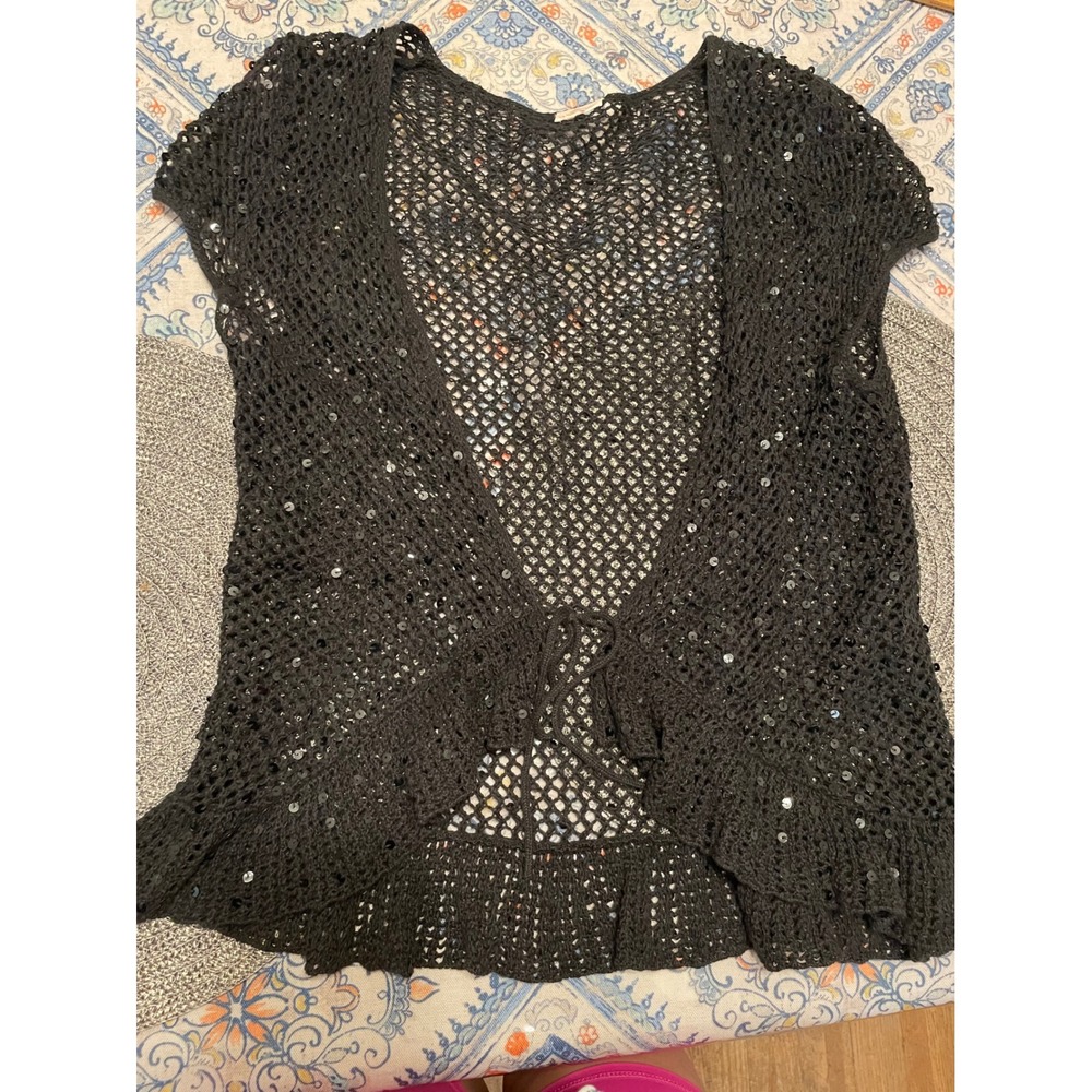 Womens Black Crochet Sequin Tie Front Vest Ruffle Hem Boho Open Knit Cardigan